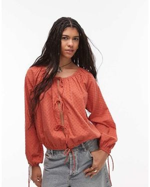 TOPSHOP Dobby Ruched Neck Tie Front Top - Red