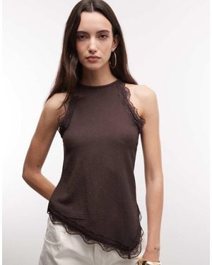 River Island Lace Trim Halterneck Textured Top - Brown