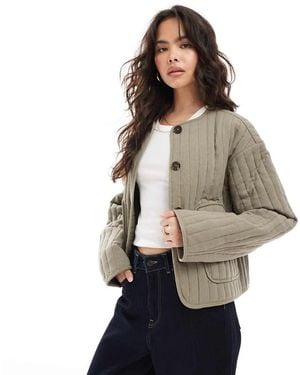 ASOS Linen Crop Collarless Quilted Jacket - Natural
