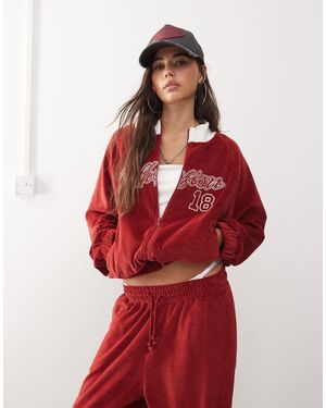 Collusion Relaxed Velvet Zip Through Jacket Co-Ord - Red