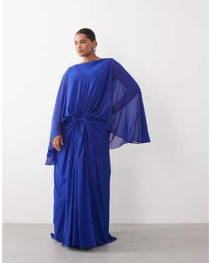 ARRANGE Curve Drop Waist Grecian Draped Cape Sleeve Maxi Dress - Blue