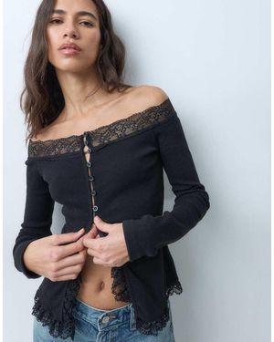 Miss Selfridge Top Con Escote Bardot Y Botones Delanteros Con Ribete De Encaje En - Azul