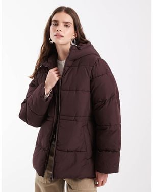 Noisy May Hooded Puffer Jacket With Cinch Waist - Brown