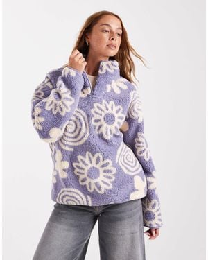 Brave Soul Flower Print 3/4 Zip Fleece - Purple