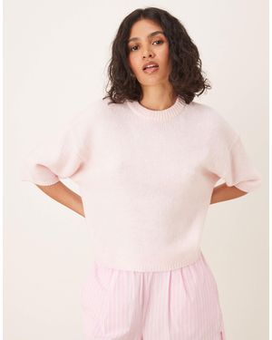 Gina Tricot Short Sleeve Knitted Crew Neck Puff Sleeves Top - Pink