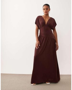 Gina Tricot Plunge Maxi Dress With Cape Sleeves - Brown
