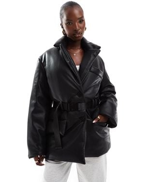 The Couture Club Faux Leather Padded Blazer Coat - Black