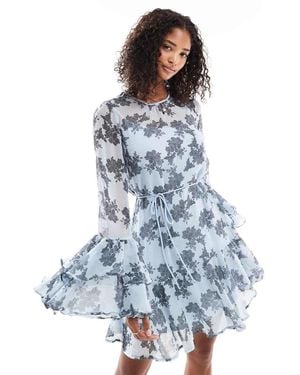 Vero Moda Chiffon Ruffle Sleeve Boho Mini Dress - Blue