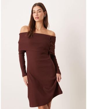 ASOS Bardot Rib Mini Dress With Button Detail In Chocolate - Red