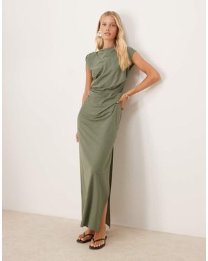 ASOS Midi-Jurk Met Linnenlook, Gedraaide Schouder En Drapering - Groen