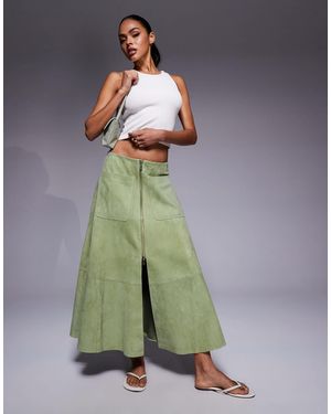 ASOS Real Suede Zip Front Midi Skirt - Green