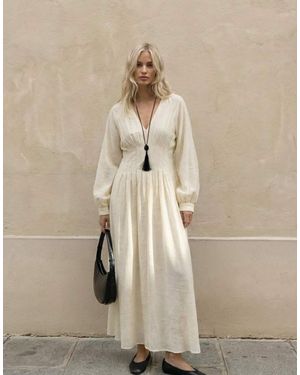 NA-KD Pleated Waist V Neck Midi Dress - Natural