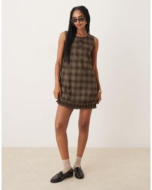 Neon Rose Plaid Print Mini Shift Dress - Natural