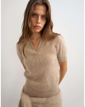 TOPSHOP Knitted Mix And Match Brushed Pure Cashmere Premium Polo Top - Brown