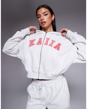 Kaiia Cotton Rich Embroidered Logo Zip Through Oversized Hoodie Co-ord - Gray