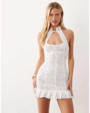 I.AM.GIA Kezia Halterneck Mandarin Collar Lace Ruffle Hem Mini Dress - White