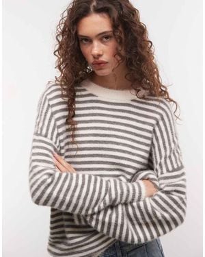 Collusion Fluffy Oversized Stripe Jumper - Grey