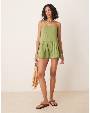 ASOS Mono Corto De Tirantes Finos Con Cintura Baja Y Falda De Corte Amplio De -Verde