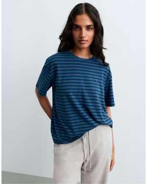 Oysho Striped Boxy Cotton Blend Short-Sleeved T-Shirt - Blue