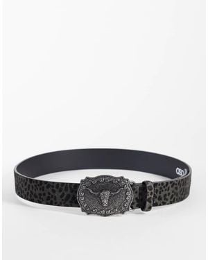 ASOS Leopard Cowhide Hair Western Belt With Rams Head Buckle - Grey