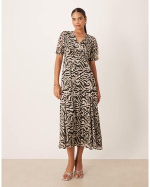 Lovedrobe Animal Print Faux Wrap Puff Sleeve Midaxi Dress - Natural