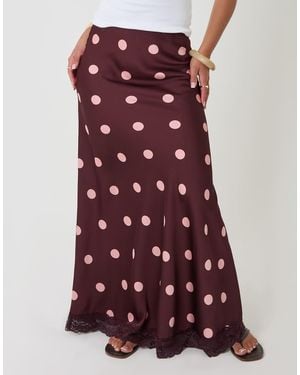 Threadbare Petite Polka Dot Satin Lace Trim Maxi Skirt - Red