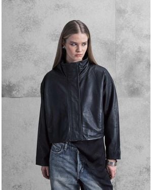AllSaints Ryder Funnel Neck Relaxed Leather Jacket - Grey