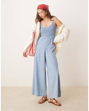 ASOS Soft Denim Wide Leg Jumpsuit With Shirred Body - Blue