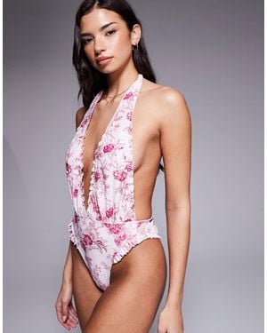 ASOS Flora Frill Plunge Neck Swimsuit - Grey