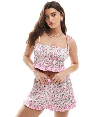 The Frolic Exclusive Shirred Satin Contrast Gingham Ruffle Hem Cropped Pyjama Top Co-ord - White