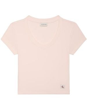 Calvin Klein Slim Ribbed Cotton V-Neck T-Shirt - Pink