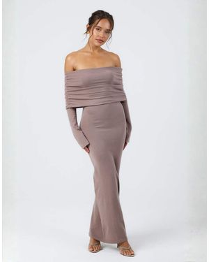 Aria Cove Knit Ruched Deep Bardot Maxi Dress - Purple