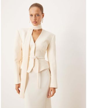 ASOS Strong Shoulder Blazer Co-Ord With Neck Scarf Detail - Natural