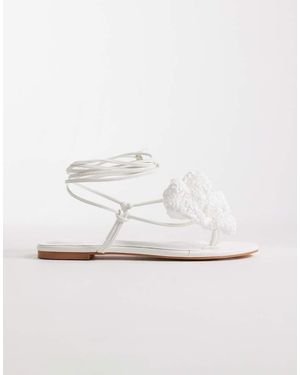 Public Desire Palmer Tie Leg Flat Sandals With Crochet Flower - White