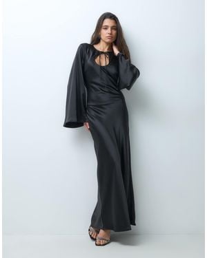 Gina Tricot Keyhole Satin Maxi Dress With Flute Sleeve - Blue