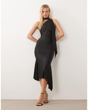 Oh Polly Sculpted Slinky Scarf Neck One Shoulder Asymmetric Midi Dress - Black