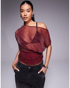 ASOS Asymmetric Shoulder Semi Sheer Metallic Top - Red