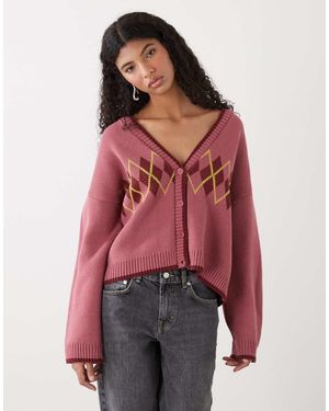 Reclaimed Vintage Cardigan With Placement Argyle - Red