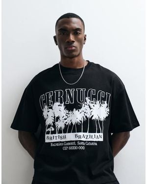 CERNUCCI 100% Cotton Boxy Oversized Fit T-Shirt With Palm Tree And Logo Front Graphic - Black