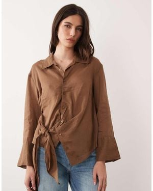 Mango 100% Ramie Tie Waist Shirt - Brown