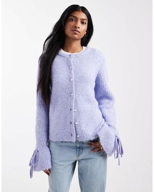 Object Soft Rib Knitted Cardigan With Tie Cuff Detail - Purple