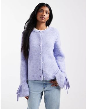 Object Soft Rib Knitted Cardigan With Tie Cuff Detail - Purple
