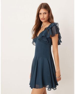 ASOS Tea Mini Chiffon Dress With Ruffle Hem - Blue