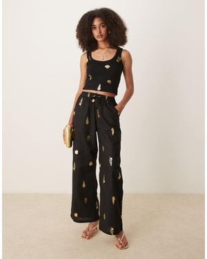 Never Fully Dressed Gold Shell Wide Leg Pants - Natural