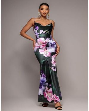 Goddiva Floral Print Satin Cowl Neck Maxi Dress - Green
