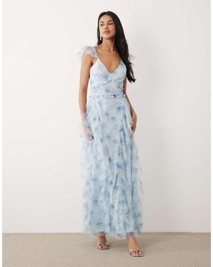 LACE & BEADS Tulle Cami Ruffle Maxi Dress - Blue