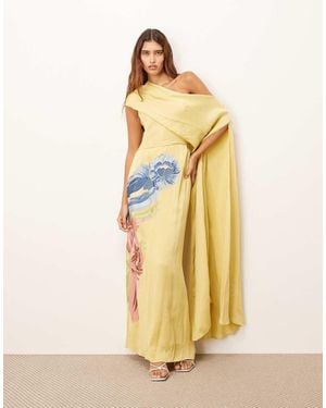 ARRANGE Distorted Floral Embroidered Fallen Shoulder Drape Maxi Dress - Metallic
