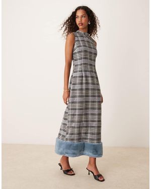 Ghospell Faux Fur Sequin Check Midaxi Dress - White