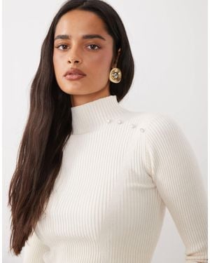 The Frolic Exclusive High Neck Ribbed Knit Pearl Detail Flare Sleeve Sweater - Natural
