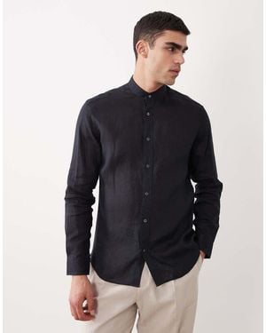 Mango 100% Linen Mao Neck Log Sleeve Shirt - Blue